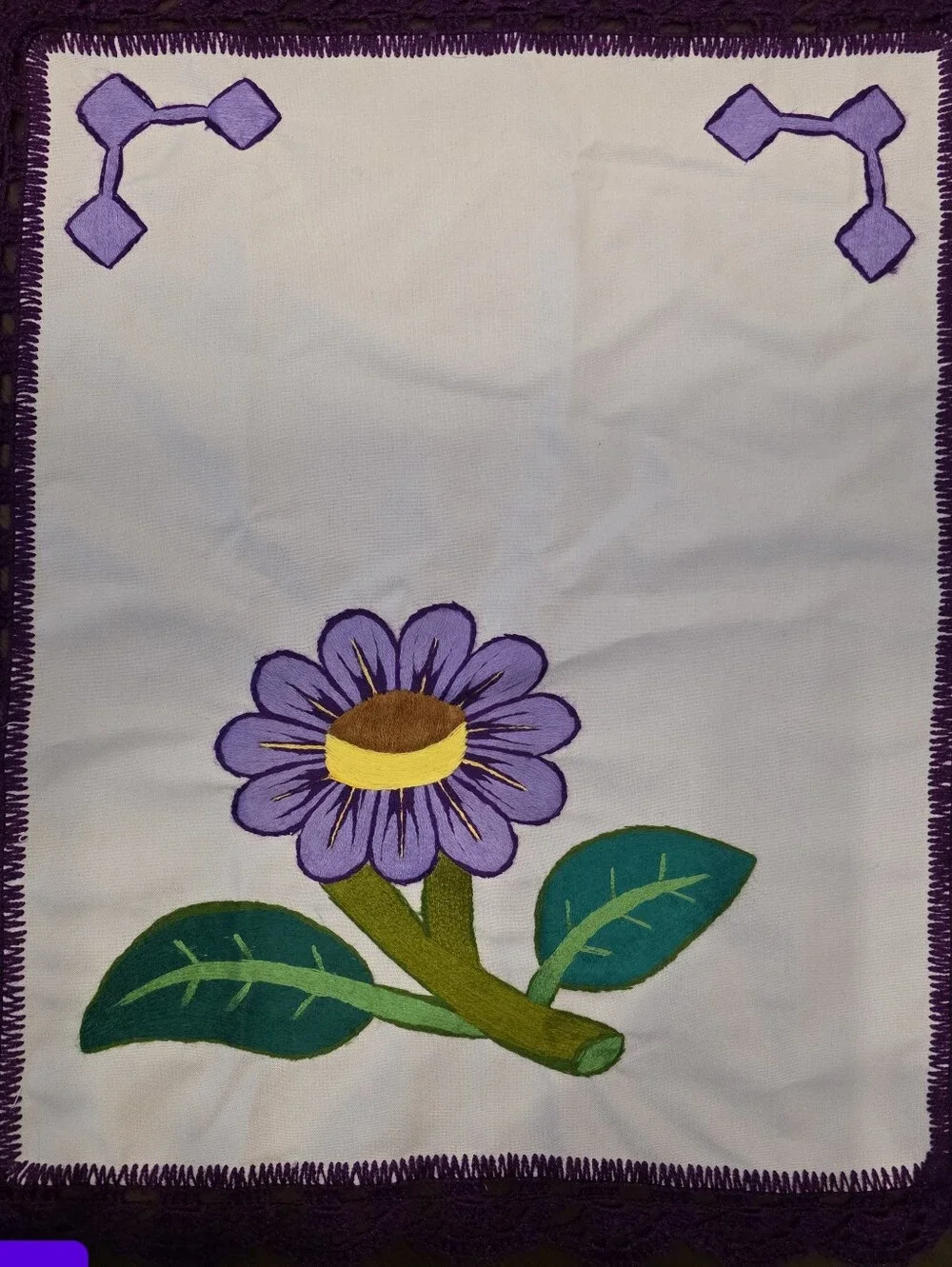Hand-Embroidered Purple Floral Kitchen Towel - Purple